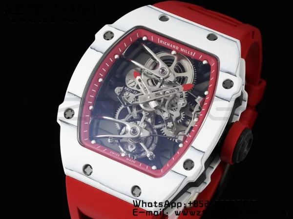 Richard Mille RM027-02 RM2702 Nadal Real Tourbillon RMF Best Edition Bianco Fucina Carbonio Lunetta interna rossa su cinturino in gomma rossa - Orologio Super Clone | 1:1 Miglior Versione