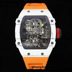 Richard Mille RM027-02 RM2702 Nadal Real Tourbillon RMF Best Edition White Forge Carbon Black Inner Bezel on Orange Rubber Strap - Super Clone Watch | 1:1 Best Version