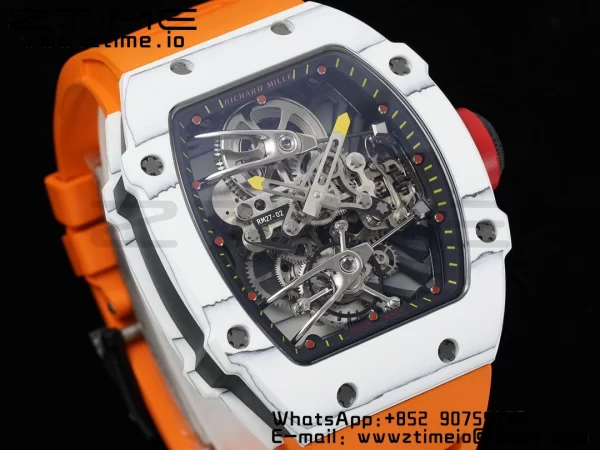Richard Mille RM027-02 RM2702 Nadal Real Tourbillon RMF Best Edition White Forge Carbon Black Inner Bezel on Orange Rubber Strap - Super Clone Watch | 1:1 Best Version