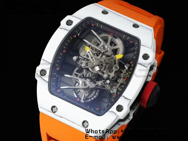 Richard Mille RM027-02 RM2702 Nadal Real Tourbillon RMF Best Edition White Forge Carbon Black Inner Bezel on Orange Rubber Strap - Super Clone Watch | 1:1 Best Version