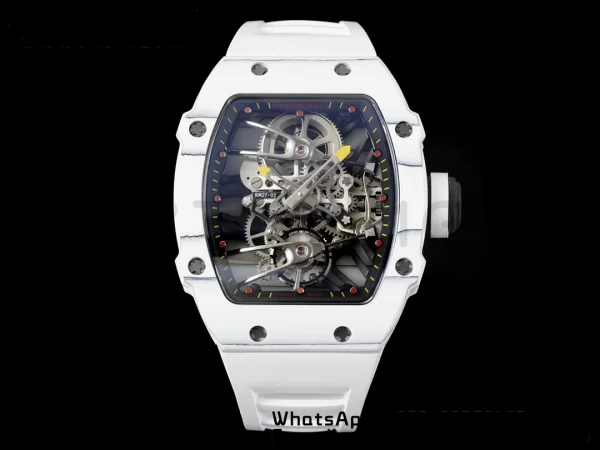 Richard Mille RM027-02 RM2702 Nadal Real Tourbillon RMF Best Edition White Forge Carbon Black Inner Bezel on White Rubber Strap - Super Clone Watch | 1:1 Best Version
