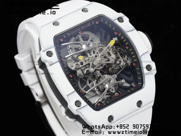 Richard Mille RM027-02 RM2702 Nadal Real Tourbillon RMF Best Edition White Forge Carbon Black Inner Bezel on White Rubber Strap - Super Clone Watch | 1:1 Best Version