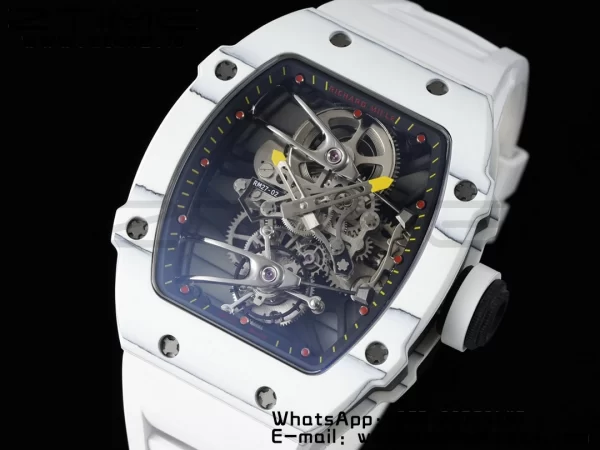 Richard Mille RM027-02 RM2702 Nadal Real Tourbillon RMF Best Edition White Forge Carbon Black Inner Bezel on White Rubber Strap - Super Clone Watch | 1:1 Best Version