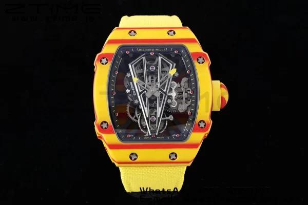 Richard Mille RM027-03 RM2703 Real Tourbillon RMF Best Edition Πορτοκαλί/κόκκινο Carbon Skeleton Dial σε κίτρινο νάιλον λουράκι - Super Clone Watch | 1:1 Best Version