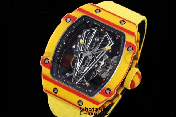 Richard Mille RM027-03 RM2703 Real Tourbillon RMF Best Edition Πορτοκαλί/κόκκινο Carbon Skeleton Dial σε κίτρινο νάιλον λουράκι - Super Clone Watch | 1:1 Best Version