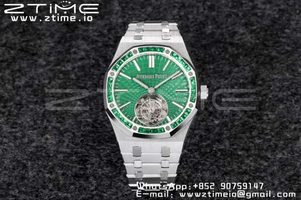 AP Royal Oak 2018 SIHH SS Tourbillon R8F Diamond Bezel Green Sunburst Tapisserie Dial SS rannekoru V3 - Super Clone Watch | 1:1 Paras versio