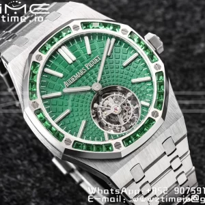 AP Royal Oak 2018 SIHH SS Tourbillon R8F Diamond Bezel Green Sunburst Tapisserie Dial SS rannekoru V3 - Super Clone Watch | 1:1 Paras versio