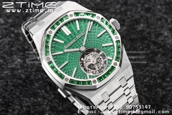 AP Royal Oak 2018 SIHH SS Tourbillon R8F Diamond Bezel Green Sunburst Tapisserie Dial SS rannekoru V3 - Super Clone Watch | 1:1 Paras versio