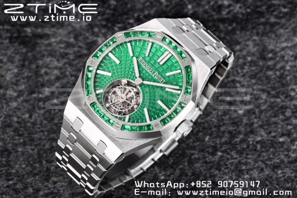 AP Royal Oak 2018 SIHH SS Tourbillon R8F Diamond Bezel Green Sunburst Tapisserie Dial SS rannekoru V3 - Super Clone Watch | 1:1 Paras versio