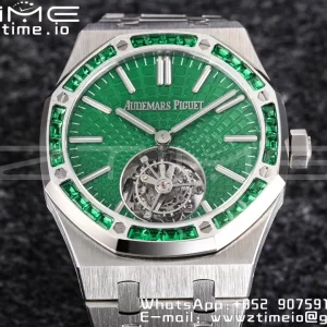 AP Royal Oak 2018 SIHH SS Tourbillon R8F Diamond Bezel Green Sunburst Tapisserie Dial SS rannekoru V3 - Super Clone Watch | 1:1 Paras versio