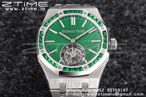 AP Royal Oak 2018 SIHH SS Tourbillon R8F Diamond Bezel Green Sunburst Tapisserie Dial SS rannekoru V3 - Super Clone Watch | 1:1 Paras versio