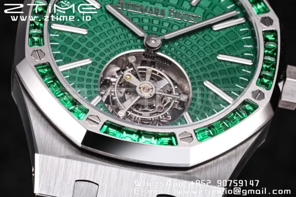 AP Royal Oak 2018 SIHH SS Tourbillon R8F Diamond Bezel Green Sunburst Tapisserie Dial SS rannekoru V3 - Super Clone Watch | 1:1 Paras versio