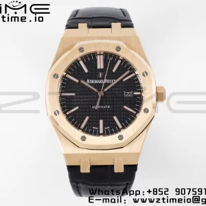 AP Royal Oak 41mm 15400 RG APSF 1:1 Best Edition Black Textured Dial on Black Leather Strap SA3120 Super Clone V3 - Super Clone Watch | 1:1 Best Version