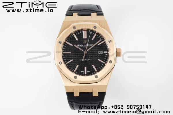 AP Royal Oak 41mm 15400 RG APSF 1:1 Best Edition Black Textured Dial on Black Leather Strap SA3120 Super Clone V3 - Super Clone Watch | 1:1 Best Version