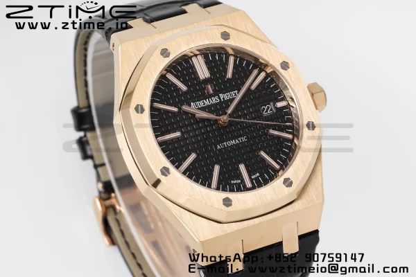 AP Royal Oak 41mm 15400 RG APSF 1:1 Best Edition Black Textured Dial on Black Leather Strap SA3120 Super Clone V3 - Super Clone Watch | 1:1 Best Version