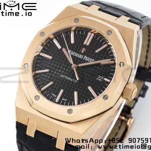 AP Royal Oak 41mm 15400 RG APSF 1:1 Best Edition Black Textured Dial on Black Leather Strap SA3120 Super Clone V3 - Super Clone Watch | 1:1 Best Version