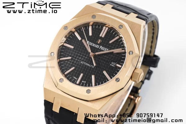 AP Royal Oak 41mm 15400 RG APSF 1:1 Best Edition Black Textured Dial on Black Leather Strap SA3120 Super Clone V3 - Super Clone Watch | 1:1 Best Version