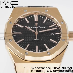 AP Royal Oak 41mm 15400 RG APSF 1:1 Best Edition Black Textured Dial on Black Leather Strap SA3120 Super Clone V3 - Super Clone Watch | 1:1 Best Version