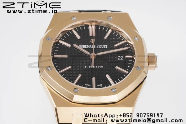AP Royal Oak 41mm 15400 RG APSF 1:1 Best Edition Black Textured Dial on Black Leather Strap SA3120 Super Clone V3 - Super Clone Watch | 1:1 Best Version