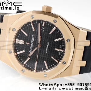 AP Royal Oak 41mm 15400 RG APSF 1:1 Best Edition Black Textured Dial on Black Leather Strap SA3120 Super Clone V3 - Super Clone Watch | 1:1 Best Version