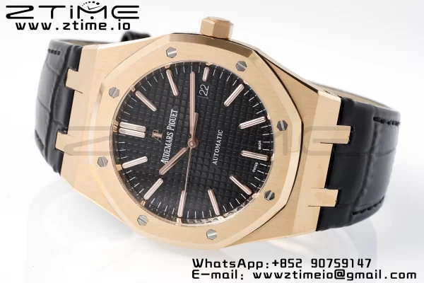 AP Royal Oak 41mm 15400 RG APSF 1:1 Best Edition Black Textured Dial on Black Leather Strap SA3120 Super Clone V3 - Super Clone Watch | 1:1 Best Version
