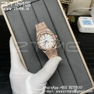 AP Royal Oak 37mm 15454 Frosted RG APSF 1:1 Best Edition White Textured Dial on Frosted RG Bracelet SA3120 Super Clone V2 - Super Clone Watch | 1:1 Best Version