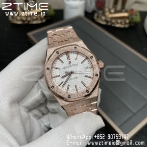 AP Royal Oak 37mm 15454 Frosted RG APSF 1:1 Best Edition White Textured Dial on Frosted RG Bracelet SA3120 Super Clone V2 - Super Clone Watch | 1:1 Best Version