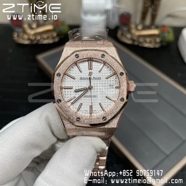 AP Royal Oak 37mm 15454 Frosted RG APSF 1:1 Best Edition White Textured Dial on Frosted RG Bracelet SA3120 Super Clone V2 - Super Clone Watch | 1:1 Best Version
