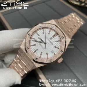 AP Royal Oak 37mm 15454 Frosted RG APSF 1:1 Best Edition White Textured Dial on Frosted RG Bracelet SA3120 Super Clone V2 - Super Clone Watch | 1:1 Best Version