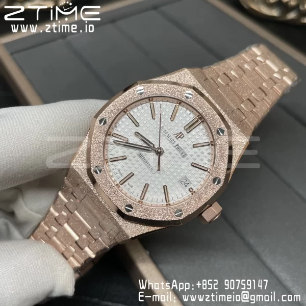 AP Royal Oak 37mm 15454 Frosted RG APSF 1:1 Best Edition White Textured Dial on Frosted RG Bracelet SA3120 Super Clone V2 - Super Clone Watch | 1:1 Best Version
