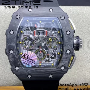 RICHARD MILLERM RM11-03 Black  Carbon Case Chrono KVF 1:1 Best Edition  Crystal Skeleton Yellow Dial On Black Rubber Strap A7750 V3 - Super Clone Watch | 1:1 Best Version