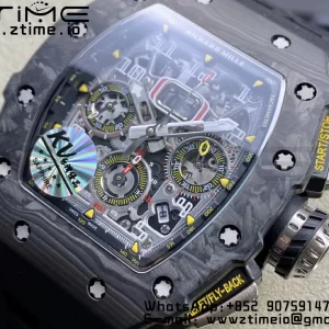 RICHARD MILLERM RM11-03 Black  Carbon Case Chrono KVF 1:1 Best Edition  Crystal Skeleton Yellow Dial On Black Rubber Strap A7750 V3 - Super Clone Watch | 1:1 Best Version