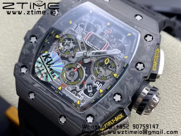 RICHARD MILLERM RM11-03 Black  Carbon Case Chrono KVF 1:1 Best Edition  Crystal Skeleton Yellow Dial On Black Rubber Strap A7750 V3 - Super Clone Watch | 1:1 Best Version