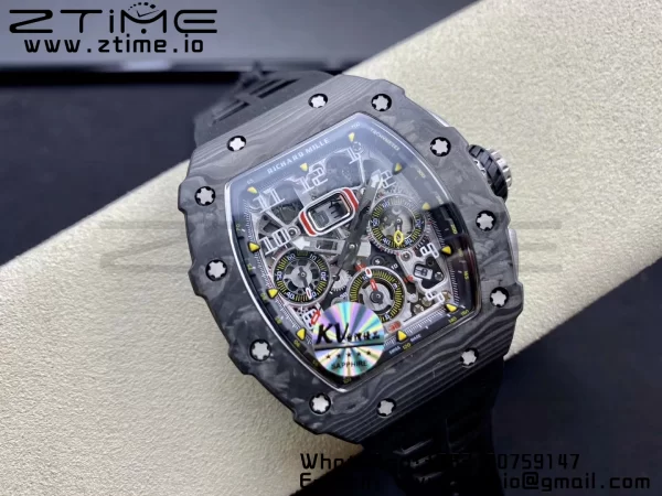 RICHARD MILLERM RM11-03 Black  Carbon Case Chrono KVF 1:1 Best Edition  Crystal Skeleton Yellow Dial On Black Rubber Strap A7750 V3 - Super Clone Watch | 1:1 Best Version