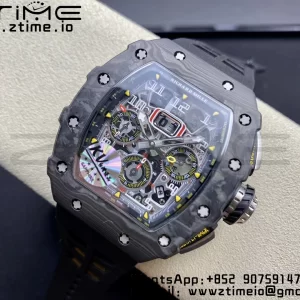 RICHARD MILLERM RM11-03 Black  Carbon Case Chrono KVF 1:1 Best Edition  Crystal Skeleton Yellow Dial On Black Rubber Strap A7750 V3 - Super Clone Watch | 1:1 Best Version