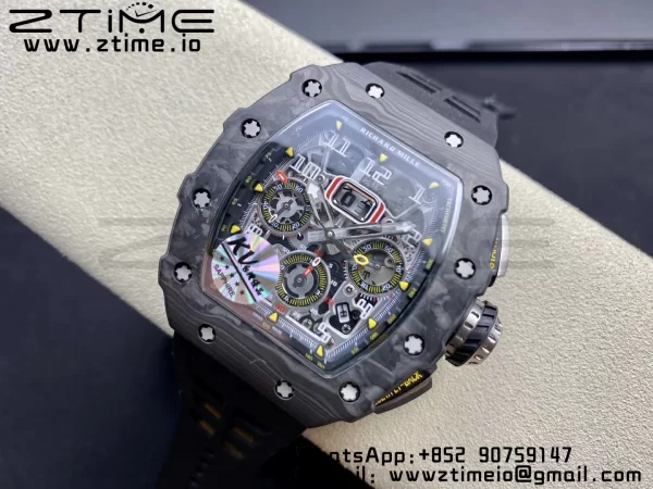 RICHARD MILLERM RM11-03 Black  Carbon Case Chrono KVF 1:1 Best Edition  Crystal Skeleton Yellow Dial On Black Rubber Strap A7750 V3 - Super Clone Watch | 1:1 Best Version