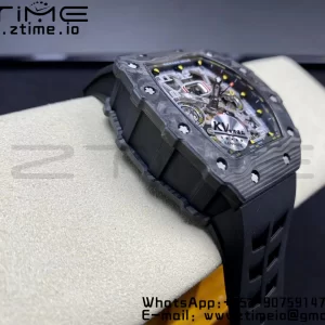 RICHARD MILLERM RM11-03 Black  Carbon Case Chrono KVF 1:1 Best Edition  Crystal Skeleton Yellow Dial On Black Rubber Strap A7750 V3 - Super Clone Watch | 1:1 Best Version