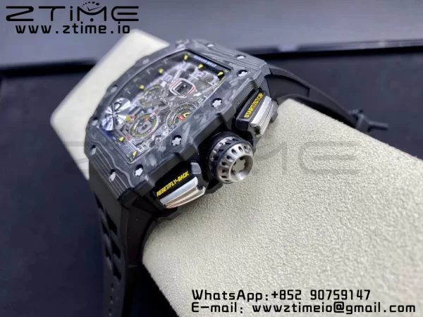 RICHARD MILLERM RM11-03 Black  Carbon Case Chrono KVF 1:1 Best Edition  Crystal Skeleton Yellow Dial On Black Rubber Strap A7750 V3 - Super Clone Watch | 1:1 Best Version