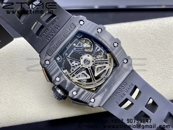 RICHARD MILLERM RM11-03 Black  Carbon Case Chrono KVF 1:1 Best Edition  Crystal Skeleton Yellow Dial On Black Rubber Strap A7750 V3 - Super Clone Watch | 1:1 Best Version