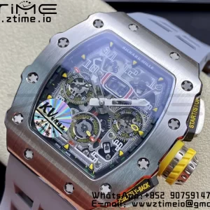 RICHARD MILLERM RM11-03 SS KVF 1:1 Best Edition Crystal Skeleton Dial on Gray Racing Rubber Strap A7750 V3 - Super Clone Watch | 1:1 Best Version