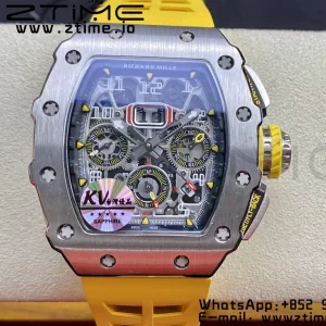 RICHARD MILLERM RM11-03 SS KVF 1:1 Best Edition Crystal Skeleton Dial on Yellow Racing Rubber Strap A7750 V3 - Super Clone Watch | 1:1 Best Version