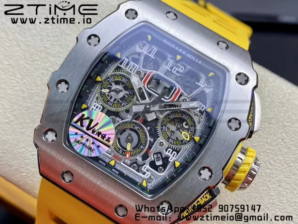 RICHARD MILLERM RM11-03 SS KVF 1:1 Best Edition Crystal Skeleton Dial on Yellow Racing Rubber Strap A7750 V3 - Super Clone Watch | 1:1 Best Version