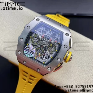 RICHARD MILLERM RM11-03 SS KVF 1:1 Best Edition Crystal Skeleton Dial on Yellow Racing Rubber Strap A7750 V3 - Super Clone Watch | 1:1 Best Version