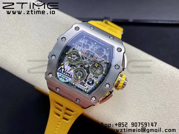 RICHARD MILLERM RM11-03 SS KVF 1:1 Best Edition Crystal Skeleton Dial on Yellow Racing Rubber Strap A7750 V3 - Super Clone Watch | 1:1 Best Version