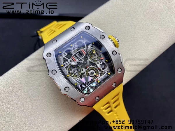 RICHARD MILLERM RM11-03 SS KVF 1:1 Best Edition Crystal Skeleton Dial on Yellow Racing Rubber Strap A7750 V3 - Super Clone Watch | 1:1 Best Version