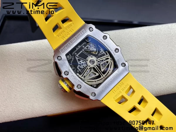 RICHARD MILLERM RM11-03 SS KVF 1:1 Best Edition Crystal Skeleton Dial on Yellow Racing Rubber Strap A7750 V3 - Super Clone Watch | 1:1 Best Version