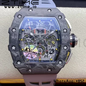 RICHARD MILLERM RM11-03 Black  Carbon Case Chrono KVF 1:1 Best Edition  Crystal Skeleton Yellow Dial On Gray Rubber Strap A7750 V3 - Super Clone Watch | 1:1 Best Version