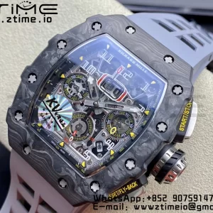 RICHARD MILLERM RM11-03 Black  Carbon Case Chrono KVF 1:1 Best Edition  Crystal Skeleton Yellow Dial On Gray Rubber Strap A7750 V3 - Super Clone Watch | 1:1 Best Version