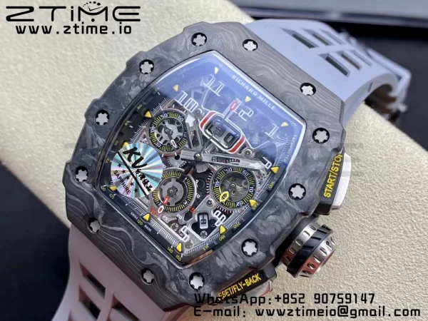 RICHARD MILLERM RM11-03 Black  Carbon Case Chrono KVF 1:1 Best Edition  Crystal Skeleton Yellow Dial On Gray Rubber Strap A7750 V3 - Super Clone Watch | 1:1 Best Version