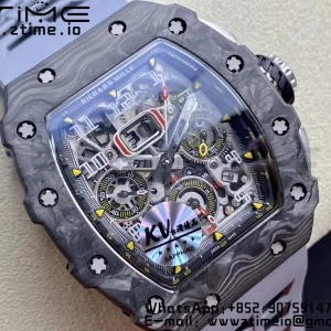 RICHARD MILLERM RM11-03 Black  Carbon Case Chrono KVF 1:1 Best Edition  Crystal Skeleton Yellow Dial On Gray Rubber Strap A7750 V3 - Super Clone Watch | 1:1 Best Version